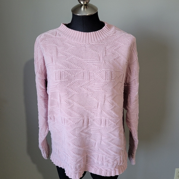 Vintage 1980s pink geometric knit cotton sweater - Picture 1 of 11